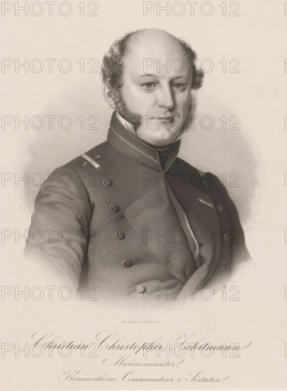 Portrait of Christian Christopher Zahrtmann, print, signature: 'Lithographeret af AM Petersen.', signature: 'Forlagt af Boghandler J. Nielsen, eneberettiget.', inscription: 'Christian Christopher Zahrtmann, Navy Minister, Kammerherre, Commandeur i Söetaten.', printmaker: Andreas Martin Petersen, publisher: J. Nielsen, Denmark, c. 1823 - in or before 1875, paper, chine collé, lithography, lithography on chine collé, height 542 mm x width 349 mm, Person, Christian Christopher Zahrtmann, historical persons, A black and white lithographic portrait of a man shown from the chest up wearing a double-breasted dark uniform with high collar and decorative buttons, his face framed by short curly hair and prominent sideburns, a smooth forehead and neutral expression, soft shading around his shoulders and head against a pale background.