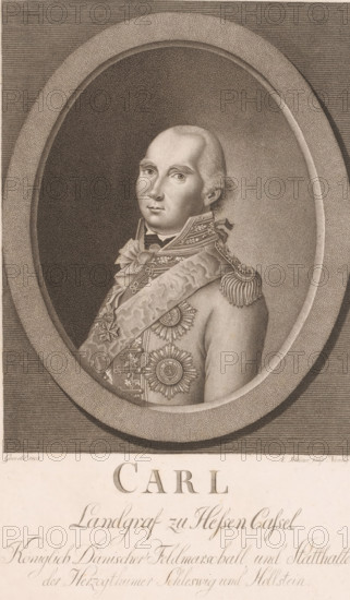 Portrait of Karl von Hessen-Kassel, print, printmaker: Leonhard Schlemmer, after drawing by Goos, 1805, paper, stipple engraving, stippelgravure, height 286 mm x width 185 mm, Person, Karl von Hesse-Kassel, historical persons, An oval-framed engraved portrait of a man shown from the chest up, facing slightly toward the viewer's left, with a high forehead and swept-back hair. He wears an ornate uniform with decorative epaulette on one shoulder, a broad sash across his chest, and several star-shaped and rosette-style medals pinned to his coat. The background inside the oval is shaded, and the outer border shows horizontal linework. Below the portrait there is a large area containing flowing script.