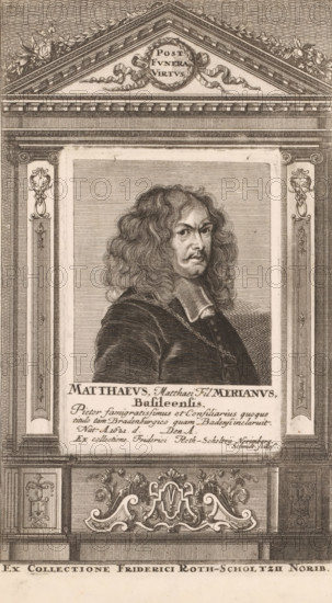 Portrait of Mathhaeus Merian, print, Printed from another plate with an architectural frame., printmaker: Johann Friedrich Schmidt, 1704 - 1765, paper, engraving, etching, printed from two plates, height 287 mm x width 172 mm x height 149 mm x width 105 mm, Person, Matthaeus Merian (the Younger), historical persons, portrait, self-portrait of artist, An engraved portrait of a man with long wavy hair and a mustache and small goatee, shown from the chest up and turned slightly to one side, wearing a dark coat with a wide collar and a white neckband, set within an ornate architectural frame featuring fluted pilasters, decorative scrollwork, floral motifs, and a triangular pediment with a wreath and ribbon; the portrait panel is surrounded by finely crosshatched shading and the lower area includes additional decorative cartouches and ornamental foliate carving.