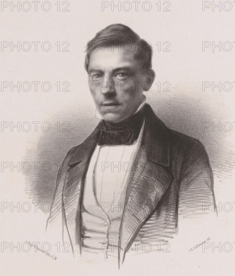 Portrait of pharmacist HCM Eikendal, print, inscription: 'Hendrik Cornelis Mari Eikendal, born. in The Hage 17 July 1812, there as apothecar, fatally died 31 May 1857, not in the trade, printmaker: Johan Hendrik Hoffmeister, Netherlands, printer (person): Koninklijke Steendrukkerij van E. Spanier, The Hague, c. 1851 - c. 1883, Johan Hendrik Hoffmeister, Koninklijke Steendrukkerij van E. Spanier, printmaker, printer (person), paper, chine collé, lithography, lithography on chine collé, height 355 mm x width 282 mm, historical persons ((full) bust portrait), A monochrome portrait drawing of a man shown from the chest up wearing a dark coat with wide lapels over a light waistcoat and a high-collared shirt with a dark bow at the neck; he has short, neatly combed hair and a solemn facial expression with direct gaze, defined cheekbones, and subtle shading around the eyes and jaw, set against a softly shaded background with visible pencil or charcoal strokes.