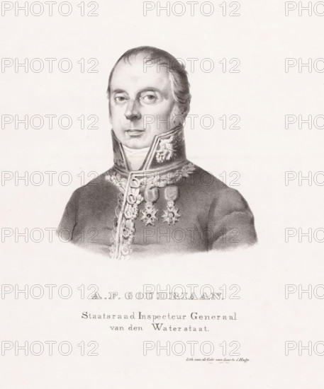 Portrait of Adrianus François Goudriaan, print, printmaker, printer (person), The Hague, paper, lithography, height 345 mm x width 280 mm, height 440 mm x width 323 mm, Person, Adrianus François Goudriaan, historical persons ((full) bust portrait), knighthood order, A monochrome portrait of a man shown from the chest up wearing a dark formal uniform with a high decorated collar and ornate braided trim down the front, with medal-like decorations on his chest; he has short, neatly combed hair, a smooth forehead, prominent eyebrows, and a neutral expression with eyes looking slightly to the viewer’s left, and the background is light and unadorned.