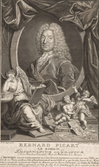 Portrait of Bernard Picart, print, With caption in French., printmaker: David Herrliberger, after painting by Matthaus des Angles, 1736, paper, engraving, height 310 mm x width 187 mm, Person, Bernard Picart, historical persons, tools, implements of graphic artist, cupids: 'amores', 'amoretti', 'putti', writing tools, publishing, publisher, book, honoring the artist with laurel wreath, A finely engraved portrait of a man with long curly hair wearing a draped garment and a cravat, shown within an oval frame and surrounded by heavy drapery. Seated figures with wings resembling putti or cherubs occupy the lower area; one rests an arm on a table and covers part of its face, another holds a sprig while a third gestures upward. The central seated figure beside the man holds a tablet and a stylus. Books and printed sheets lie scattered at the base, along with drawing instruments and a palette. The image is rendered in detailed line work and crosshatching, creating tonal shading throughout.