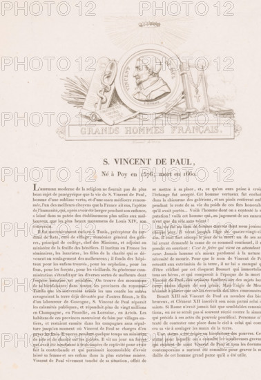 Portrait of Vincentius a Paulo, S. Vincent de Paul, Gallery of medals with French greats, Galerie métallique des grands hommes français, print, printmaker: Louis Marie Normand, Paris, after design by Jacques Edouard Gatteaux, in or after 1821, paper, etching, letterpress printing, etching with text in letterpress, height 103 mm x width 167 mm, height 353 mm x width 263 mm, Person, Vincentius a Paulo, historical persons, priest (Roman Catholic), At the top center there is an ornate circular medallion with a side-profile portrait of a man wearing a cap, surrounded by decorative elements including a serpent-entwined staff, a feathered palm leaf, a small cross pendant on a book, and scrolls, all arranged on a rectangular plinth with ornamental edges; above the medallion a radiant starburst and a small ring of stars appear, and below the decorative vignette dense columns of printed text fill the lower portion of the page.
