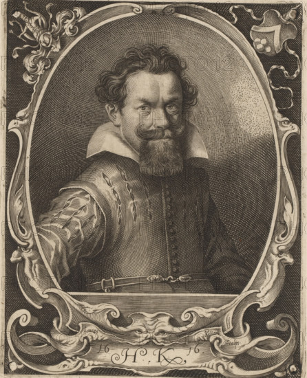 Portrait of Hans Kellerthaler, print, Kwabornament in the frame., printmaker: Lucas Kilian, 1616, paper, engraving, height 162 mm x width 131 mm, Person, Hans Kellerthaler, historical persons, portrait, self-portrait of graphic artist, smith, blacksmith, A detailed black and white engraved portrait of a man shown from the chest up within an ornate oval frame, featuring wavy hair, a curled mustache, and a pointed beard, wearing a high turned collar and a textured garment with a visible belt and decorative sleeve, his right arm extended forward, the background filled with fine crosshatching, and the surrounding frame decorated with flowing scrollwork and stylized ornamental motifs.