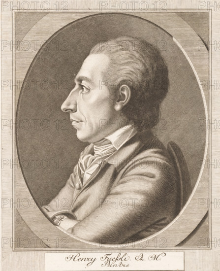 Portrait of Johann Heinrich Füssli, print, printmaker: Johann Heinrich Lips, 1779, paper, etching, height 245 mm x width 200 mm, Person, Johann Heinrich Füssli, historical persons, portrait, self-portrait of artist, A sepia-toned engraved portrait shows a man in profile facing left inside an oval frame, with short, wavy hair combed back, a prominent nose, and a composed expression; he is wearing a high-collared shirt with a tied neckerchief and a coat with visible buttons and folded sleeves, his arms crossed over his chest, and the oval is set within a rectangular decorative border with engraved linework.