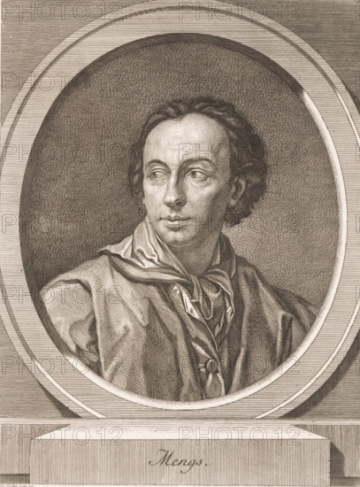 Portrait of Anton Raphael Mengs, print, printmaker: Johann Heinrich Lips, 1779, paper, etching, height 260 mm x width 198 mm, Person, Anton Raphael Mengs, historical persons, portrait, self-portrait of artist, A sepia-toned engraved portrait shows a man inside an oval frame, facing slightly to the viewer’s left with his gaze directed outward, his hair styled in loose waves around his head and a high forehead visible, detailed shading and fine lines define his facial features including arched eyebrows, eyes with visible irises, a straight nose, and closed lips with a subtle downturn at the corners, his neck and upper chest are wrapped in a loosely draped scarf tied at the front and a heavy cloak with folds and textured shading covers his shoulders, the oval frame is set against a background of parallel horizontal lines and concentric bands that create a sense of depth, the lower section of the image includes a pedestal beneath the oval with decorative linear engraving.