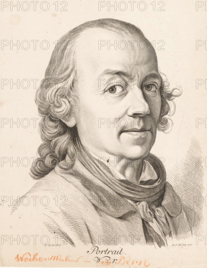 Portrait of Tiberius Dominikus Wocher, print, printmaker: Johann Heinrich Lips, after painting by Tiberius Dominikus Wocher, 1778, paper, etching, height 226 mm x width 182 mm, Person, historical persons, portrait, self-portrait of artist, A detailed engraved portrait of an older man shown from the shoulders up, facing slightly to the viewer's right, with a high forehead and receding hairline, wavy hair pulled back into curls at the nape and loose curls near the temples, finely stippled and lined shading on the skin, prominent eyes with focused gaze, defined eyebrows, a straight nose, and closed lips forming a neutral expression; he wears a scarf or cravat wrapped around his neck and a coat with visible textured folds, all rendered in fine line work on a light, slightly textured background.