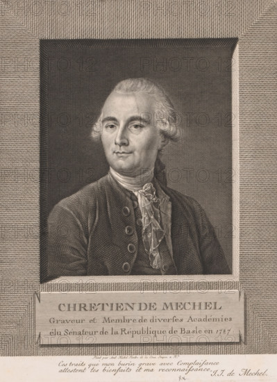 Portrait of Christian von Mechel, print, printmaker: Johann Jakob von Mechel, after painting by Anton Hickel, 1787, paper, engraving, etching, etching and engraving, height 355 mm x width 205 mm, Person, Christian von Mechel, portrait, self-portrait or graphic artist, A framed engraved portrait of a man shown from the chest up, with powdered hair styled back and curls at the sides, wearing a dark coat with visible buttons and a patterned cravat at the neck; the portrait is set within a rectangular decorative border with dense engraved linework surrounding it and a lighter textured margin below that contains more engraved elements; the man's expression is neutral and his gaze is slightly to the viewer's left, and the overall image is rendered in fine monochrome hatch marks and stippling.
