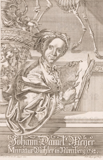 Portrait of Johann Daniel Meyer, print, printmaker: Johann Daniel Meyer, after drawing by Carl Marcus Tuscher, 1737 - 1752, paper, etching, height 310 mm x width 215 mm, Person, portrait, self-portrait of artist, drawing, A seated figure wearing a draped garment and a head covering looks toward the viewer while holding an open book or sketchbook; the figure's hand holds a small instrument or brush near a detailed drawing on the page. To the left of the figure an ornate sculpted column with carved figures and a small winged cherub is visible. Above and to the right several skeletal bones and a partial ribcage extend into the scene. The composition is rendered in fine line work with crosshatching and intricate textures across the fabric, carved elements, and the open pages.
