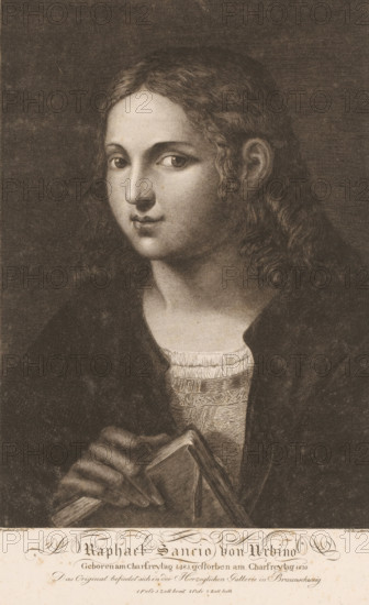 Portrait of Raphael, print, printmaker: Karl Schröder, after painting by Rafaël, 1821, Raphael, paper, etching, height 315 mm x width 225 mm, Person, historical persons, portrait, self-portrait of artist, A sepia-toned portrait of a young person with shoulder-length wavy hair, shown from the chest up, wearing a dark outer garment over a lighter textured inner garment with a gathered neckline, the face turned slightly toward the viewer with a neutral expression and large eyes, one hand visible holding a small closed book with the fingers resting on its cover, and a decorative band of script and ornamental flourishes along the bottom edge.