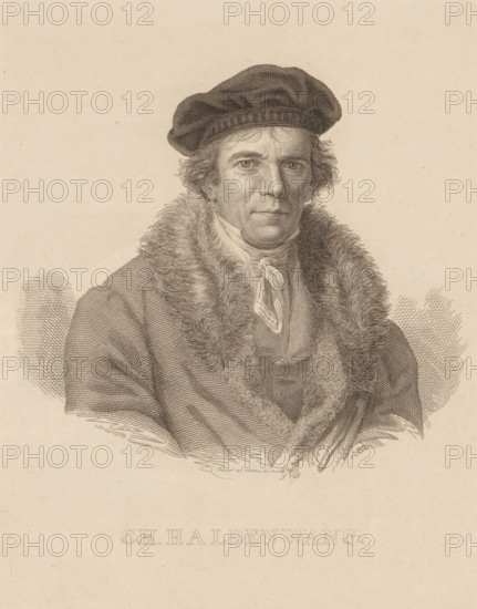 Portrait of Christian Haldenwang, print, printmaker: Charles Louis Schuler, 1827, paper, chine collé, etching, height 245 mm x width 189 mm, Person, Christian Haldenwang, historical persons, portrait, self-portrait of graphic artist, A detailed engraved portrait of a man shown from the chest up wearing a soft beret-style hat and a thick fur-lined coat, his hair peeking out in short curls at the sides, a scarf tied at his neck, and a neutral facial expression with direct gaze, rendered in fine line work on a light aged paper background.