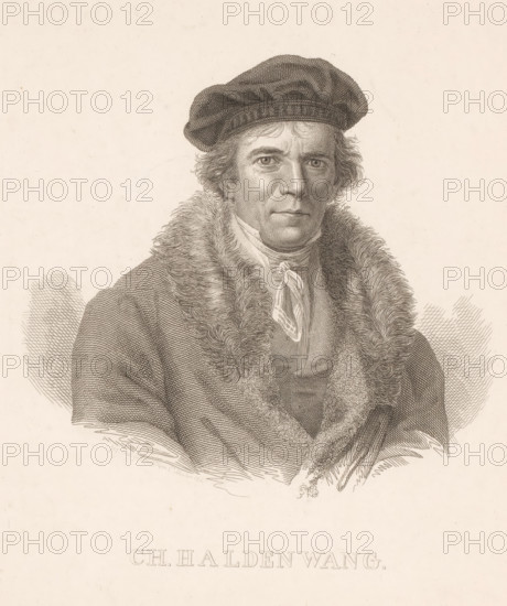 Portrait of Christian Haldenwang, print, printmaker: Charles Louis Schuler, 1827, paper, etching, height 249 mm x width 189 mm, Person, Christian Haldenwang, historical persons, portrait, self-portrait of graphic artist, A monochrome engraved portrait of a man shown from the chest up wearing a soft cap and a heavy fur-lined coat, his face detailed with fine linework showing short wavy hair, arched eyebrows, and a neutral expression with direct gaze, a tied scarf visible at his neck and intricate crosshatching used throughout the clothing and background to create texture and shading.
