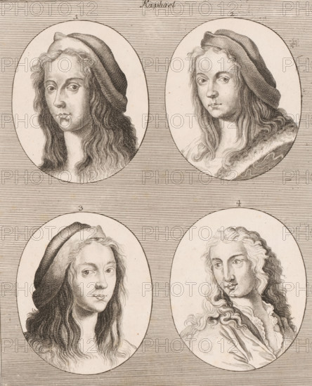 Four portraits of artist Raphael, print, Numbered center top: Tab. XV. The portraits are numbered 1-4., printmaker: Michael Wachsmuth, Germany, c. 1760 - c. 1770, paper, etching, height 262 mm x width 208 mm, Person, Raphael, historical persons, portrait, self-portrait of artist, Four oval portraits of long-haired individuals are arranged in a two-by-two grid against a background of closely spaced horizontal lines. Each oval contains a finely detailed, monochrome engraving of a face and upper torso, with varied hairstyles and head coverings; the upper-left and lower-left figures wear soft caps that drape over the back of the head while their hair falls in loose waves, the upper-right figure has a similar cap and wears a fur-trimmed garment, and the lower-right figure has flowing curly hair and a ruffled collar. The faces show neutral expressions with eyes looking slightly to the side, and the shading is composed of delicate cross-hatched lines and stippling that define contours, shadow...