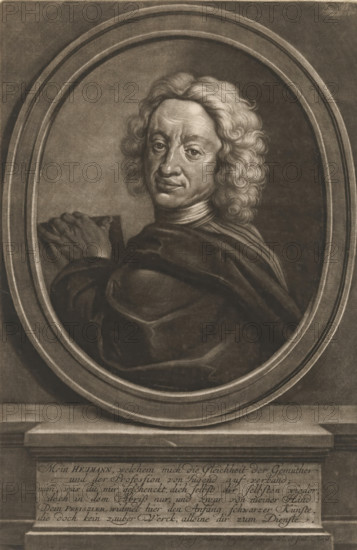 Portrait of Georg Daniel Heumann, print, With praise poem in German., printmaker: Georg Martin Preissler, Nuremberg, 1710 - 1754, Bavaria, paper, mezzotint, height 320 mm x width 209 mm, Person, Georg Daniel Heumann, historical persons, portrait, self-portrait of graphic artist, A monochrome portrait shows an older person with wavy, shoulder-length hair framed inside an oval cartouche. The figure faces slightly toward the viewer with a composed expression and visible facial lines. The subject wears layered drapery over the shoulders and a high collar at the neck, with hands clasped near the chest. The oval frame sits on a rectangular base with a panel beneath it that contains decorative script, and the whole composition rests on a stone ledge. The image has a textured, engraved appearance with soft shading and strong contrasts defining the hair, face, and folds of the clothing.