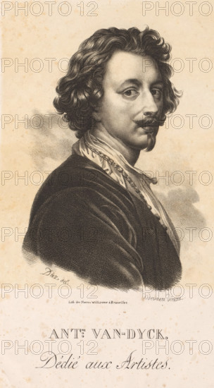 Portrait of Anthony van Dyck, Antne. van-Dyck, print, printmaker: Gustav-Adolphe Diez, printer (person): Williaume frères, Brussels, supervision: Joseph-Denis Odevaere, dedicated to: unknown, c. 1820 - c. 1830, printer (person), paper, tone lithography, tone lithography in black with tone block in beige, height 432 mm x width 301 mm, Person, Anthony van Dyck, historical persons, adult man, beard, A charcoal-style portrait of a man shown from the shoulders up in three-quarter view, facing toward the right, with wavy shoulder-length hair and a curled mustache and small pointed beard; he wears a dark cloak over a lighter, ruffled collar and a decorative chain at the neck, and the background is a softly shaded, mottled beige surface.