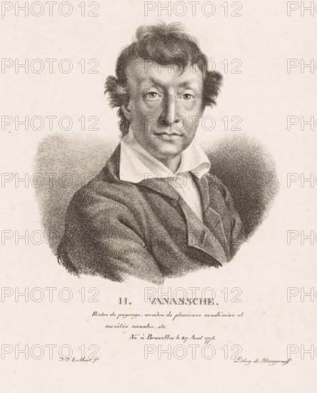 H. Vanassche, Portrait of Henri van Assche, Portraits of contemporary artists from the United Kingdom of the Netherlands, Portraits des modern artists from the Royaume des Pays-Bas, print, printmaker: Guillaume Philidor Van den Burggraaff, after design by Jacob Joseph Eeckhout, Brussels, 1822, printer (person), paper, lithography, height 308 mm x width 238 mm, Print is part of a series of sixty prints., Person, Henri van Assche, historical persons, portrait, self-portrait of graphic artist, A monochrome portrait of a man shown from the chest upward wearing a collared shirt and a dark jacket, with short wavy hair and sideburns, looking straight ahead with a neutral expression, surrounded by shaded stippling that forms a rounded background against a light paper surface.