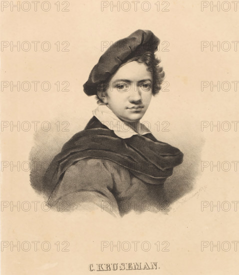 C. Kruseman, Portrait of Cornelis Kruseman, print, printmaker: L. van de Wildenberg, printer (person): Antoine Dewasme-Plétinckx, Brussels, 1829, printer (person), paper, tone lithograph, tone lithograph in black with tone block in beige, height 552 mm x width 361 mm, Person, Cornelis Kruseman, historical persons, portrait, self-portrait of artist, head-gear: beret, A monochrome portrait of a young person shown from the chest up facing slightly toward the viewer, wearing a soft beret and a draped cloak over a collared garment, with curly hair peeking from beneath the beret, neutral facial expression, and a softly shaded background.