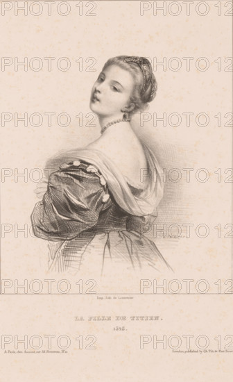 Portrait of Cecilia Soldano, La fille de Titien, 1525, Famous painter's models, print, printmaker: Achille Devéria, Paris, printer (person): Joseph Rose Lemercier, publisher: Aumont & Cie, publisher: Charles Tilt, London, 1832, Achille Devéria, Joseph Rose Lemercier, Aumont & Cie, Charles Tilt, printmaker, printer (person), publisher, paper, lithography, height 339 mm x width 268 mm, Person, Cecilia Soldano, historical persons, artist's model, sitter, A sepia-toned lithograph of a young woman shown from the back and turned in profile toward the viewer, with her head slightly tilted and a calm facial expression; she has an ornate hair net and softly waved hair, a beaded necklace and a single earring, and wears a draped off-the-shoulder garment with voluminous, textured sleeves and a gathered bodice, sketched with fine shading and crosshatching on a lightly mottled paper background.