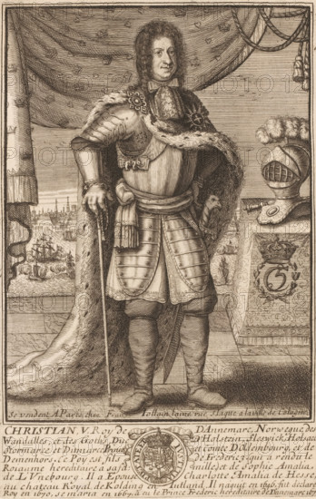 Portrait of Christian V of Denmark, print, publisher: François Jollain, Paris, 1671 - 1704, paper, engraving, etching, intaglio printmaking technique, height 268 mm x width 172 mm, Person, Christian V (King of Denmark and Norway), historical persons, ruler, sovereign, armor, An engraved portrait shows a man standing in a full-length pose wearing ornate armor with a fur-lined cloak draped over one shoulder and a decorative sash at the waist, his right hand resting on a slender cane and his left hand on his hip near a sheathed sword; he has curled shoulder-length hair and a composed facial expression. Behind him a patterned drapery hangs above a scene with sailing ships on water and distant buildings along a shoreline. To his side a plumed helmet sits on a decorated pedestal bearing a crowned emblem, and the floor beneath him is rendered with engraved lines suggesting wooden planks.