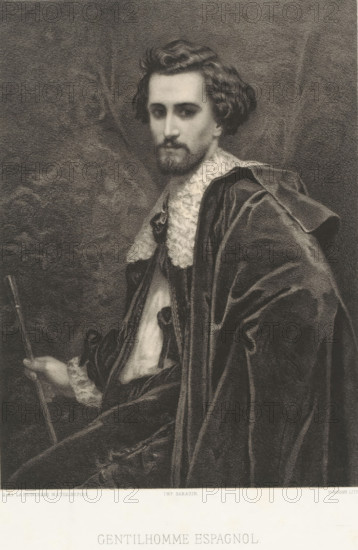 Spanish nobleman in historical clothing, Gentilhomme espagnol, print, printmaker: Eugène Louis Pirodon, after painting by Mathilde Laetitia Wilhelmine Bonaparte, printer (person): Sarazin (printer), Paris, 1863, printer (person), paper, chine collé, lithography, height 359 mm x width 272 mm, Print used in: L'Artiste, vol. 1. Painting exhibited at the Salon of 1863 in Paris., adult man, historical costume, A monochrome portrait of a seated man shown from the waist up wearing a dark, voluminous cloak with visible folds and a textured, lighter collar; he has wavy hair, a mustache, and a short beard, and he looks toward the viewer with a neutral expression while holding a slender staff in one hand; the background is dark and textured.