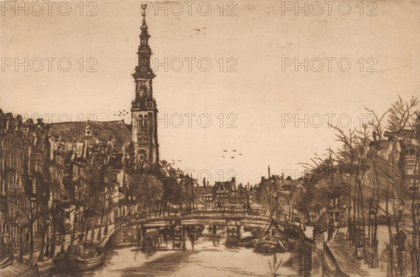 View of the Westertoren, in Amsterdam, print, printmaker: Henri Wouters, 1876 - 1907, paper, etching, intaglio printmaking technique, height 157 mm x width 238 mm, prospect of city, town panorama, silhouette of city, church (exterior), Amsterdam, Westerkerk (Amsterdam), A sepia-toned sketch of a city canal scene with narrow buildings lining both sides, a tall ornate church tower rising on the left, leafless trees along the canal edges, small boats moored beside the banks, arched bridges crossing the water, reflected lines and textures in the canal surface, distant rooftops and chimneys on the horizon, and a few birds drawn in the sky.