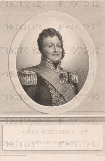 Portrait of King Louis Philippe I, print, printmaker: Octave Tassaert, publisher: V. Rosselin, Paris, 1810 - 1874, paper, stippelwerk, etching, drypoint, height 349 mm x width 254 mm, Person, Louis Philippe I (King of France), historical persons, king, An engraved oval portrait of a man in a formal military-style uniform with ornate epaulettes and decorative braid, shown from the chest up and facing slightly to the viewer's left, with curled hair and sideburns, a high collar, a sash across his chest, and medals pinned to his breast; the portrait is set within concentric oval frames on a textured background with horizontal line patterns, and below the oval is a rectangular panel with large embossed lettering and a second line of smaller embossed lettering.