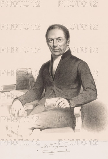Portrait of Herman Fangman, H. Fangman, print, printmaker: Hendrik Ringeling, printer (person): Pieter Willem Marinus Trap, Leiden, 1848, printer (person), paper, chine collé, lithography, lithography on chine collé, height 507 mm x width 365 mm, Person, Herman Fangman, historical persons, A seated man wearing a dark, buttoned coat with a high collar and a light-colored shirt is shown from the waist up, holding a small rectangular book or object in one hand while his other hand rests on the arm of a carved chair; he has short, neatly combed hair, a composed facial expression with direct gaze, and visible facial shading; beside him on a surface are stacked books and a folded document; the image is a monochrome drawing with fine shading and textured pencil or charcoal strokes.