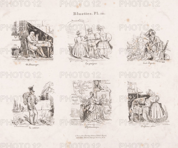 Six scenes with various people, Small scenes from everyday life, Bluettes, print, Series number, 12, 18, printmaker: Henri-Gérard Fontallard, printer (person): Victor Ratier, Paris, publisher: Dauty, publisher: Giraldon-Bovinet & Cie., 1829, printer (person), paper, lithography, height 275 mm x width 360 mm, various human types, Three rows of detailed black ink sketches on pale paper, each row containing three separate vignettes framed by blank space, showing various figures in historical dress; in the top left a seated man at a small table under a dark draped canopy with a candle, a book, and stacked books nearby; top center shows three figures seen from behind standing at a railing beneath an arch, the central figure linking arms with the two women on either side who wear full skirts and bonnets; top right depicts a seated figure in elaborate clothing holding a book beside a carved pillar and a small tree; middle left shows a uniformed soldier standing on a path with a large pack on ...