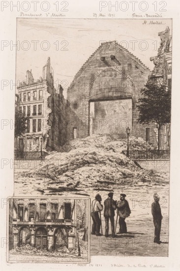 View of ruins on the Boulevard Saint-Martin, Paris Incendié, Paris on fire, print, This print is part of a cover with 12 prints., printmaker: Adolphe Martial Potémont, printer (person): Cadart & Luce, 1871, printer (person), paper, etching, intaglio printmaking technique, height 237 mm x width 160 mm, The print is located in a cover and is part of a twelve-part series of prints depicting the burning Paris during the Commune in 1871, composed and executed by Martial Potémont., ruin of a building, architecture, Paris Commune (1871), Paris, Boulevard Saint-Martin, A vertical monochrome sketch showing a ruined urban scene with a large arched stone facade centered behind a massive irregular pile of rubble that fills the foreground. Flanking the arch are partially destroyed multi-story buildings with broken walls and exposed interiors; details of brickwork and window openings are visible. A lamppost stands near the rubble and a tree with dense foliage appears to the right. In the lower right...