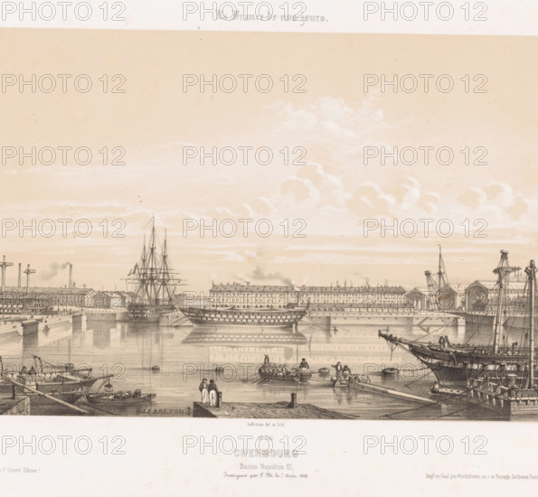 View of the Napoleon III Basin at the port of Cherbourg, Cherbourg. Bassin Napoléon III, Contemporary France, La France de nos jours, print, Series number, 262, 475, printmaker: Louis Lebreton, printer (person): Frick frères, Paris, publisher: F. Sinnett, 1858, printer (person), paper, tone lithography, height 292 mm x width 434 mm, harbour, Cherbourg, A wide harbor scene rendered in sepia tones showing calm water reflecting ships and buildings, tall masted sailing ships docked along quays, smaller rowboats and a boat with oars and people, long waterfront buildings with rows of windows and pitched roofs, piers and stone quay edges, rigging and spars of ships reaching upward, groups of figures on the docks and in small boats, warehouses and cranes near the right side, distant smoke rising from chimneys, layered cloud formations across the sky, and architectural details of bridges and quay structures visible along the waterline.
