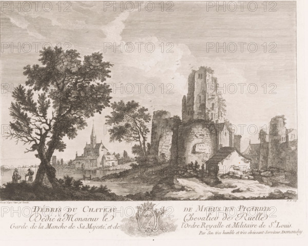 Débris du Chateau de Merus en Picardie, View of the ruins of Chateau de Meru, print, printmaker: Martin de Monchy, after drawing by Sarazin, dedicated to: de Ruelle, 1756 - after 1815, paper, etching, height 208 mm x width 265 mm, ruin of a building, architecture, landscape with ruins, A sepia-toned landscape engraving shows a riverside scene with large leafy trees in the foreground and ruined stone structures, including a tall crumbling tower, on the right; small houses and a church with a spire sit along the riverbank in the middle distance; figures stand near the water at the left with a small boat visible; the sky is filled with textured clouds and scattered birds; the ground in front of the ruins is rocky and uneven with vegetation.
