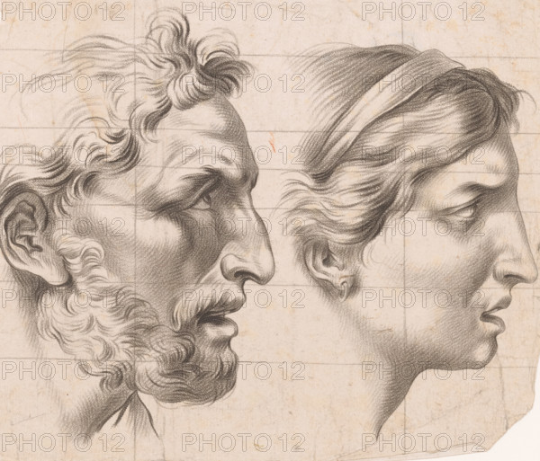 Heads of man and woman, Principles of drawing from nature, Cahier De Principes Dessiné d'après Nature, print, printmaker: Petit (engraver), after drawing by Jean Jacques François Le Barbier, publisher: Mondhare & Jean, Paris, 1784 - 1826, Petit (engraver), Jean Jacques François Le Barbier, Mondhare & Jean, printmaker, after drawing by, publisher, paper, crayon manner, etching, squared, height 232 mm x width 273 mm, head (human), head (human) - AA - female human figure, drawing, sketch, A close-up charcoal drawing on aged paper showing two profile heads facing each other, one of an older bearded man with curly hair and pronounced facial lines and an open mouth, and the other of a younger clean-shaven person with smoother features and hair swept back by a band; both faces are rendered with detailed shading and hair texture, and faint grid lines and subtle paper creases are visible across the background.