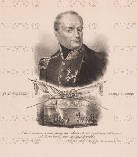 Portrait of Baron Chasse with vignette, print, The sitter wears a military uniform with knightly orders and a cloak over it. Below the portrait are two crossed banners and a lion. Below that, the bombardment in 1830 during the defense of the Citadel of Antwerp. Soldiers fire cannons at the city, which is ablaze. At the bottom, a quote from La Gazette d'Amsterdam of November 5, 1830., printer (person): Desguerrois & Co., Amsterdam, c. 1830, Desguerrois & Co., printmaker, printer (person), paper, lithography, height 305 mm x width 235 mm, historical persons (head (and shoulders) (portrait)), knighthood order, firearms: cannon (during the battle), A sepia-toned lithograph of a man shown from the chest up wearing a dark military uniform with decorative shoulder epaulets and multiple medals on his chest, his hair short and combed, a high collar framing his neck, a draped cloth with tassels crossing below his portrait, and a smaller vignette beneath showing a scene with figures, horses, and ...
