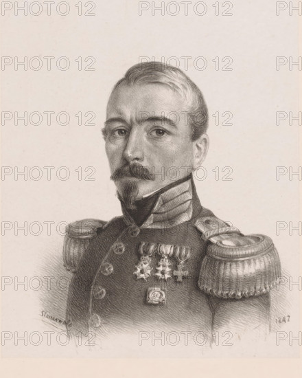 Self-portrait, print, printmaker: Christian Heinrich Gottlieb Steuerwald, Dordrecht, 1847, paper, chine collé, lithography, lithography on chine collé, height 378 mm x width 308 mm, Person, historical persons, A monochrome pencil portrait of a man shown from the chest up wearing a formal military uniform with high collar and ornate shoulder epaulettes, his hair is neatly combed back and he has a mustache and a small pointed beard, his expression is neutral and his gaze is directed slightly to the viewer's left, the uniform features rows of decorative buttons and several hanging medals on the chest, shading and fine lines create detailed contours of the face, hair, and fabric against a plain light background.
