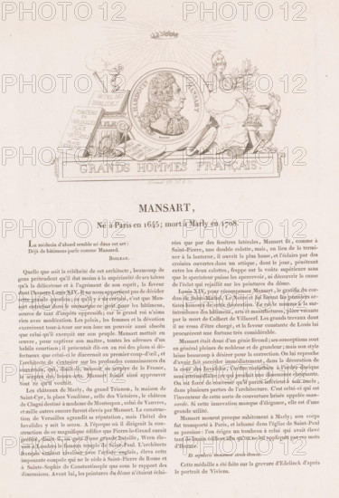 Mansart, Portrait of Jules Hardouin-Mansart, Galerie métallique des grands hommes français, Gallery of medals with French greats, print, printmaker: Louis Marie Normand, Paris, after design by Masson, in or after 1817, paper, etching, letterpress printing, etching with letterpress text, height 103 mm x width 168 mm, height 308 mm x width 215 mm, Person, Jules Hardouin-Mansart, historical persons, portrait, self-portrait of architect, A printed page with a decorative engraved header showing a circular portrait medallion of a man in profile surrounded by ornate architectural elements, books, a small helmeted statue, a sculpted bust, a wreath, and a laurel branch, all above a rectangular plaque with raised lettering; rays and a small crown motif appear above the medallion. Below the header, a centered title line in larger type is followed by several columns of dense printed text with narrow margins, all on a light, slightly textured paper background.