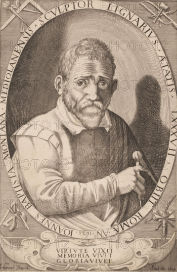 Portrait of Giovanni Battista Montano at the age of 87, Joannes Baptista Montana, Mediolanensis, Sculptor Lignarius, aetatis LXXVII, obiit Romae, Anno 1621., print, printmaker: Jerôme David, France, 1624, paper, engraving, height 268 mm x width 177 mm, Person, Giovanni Battista Montano, portrait, self-portrait of graphic artist, ornament, medallion, An engraved portrait of an older man shown from the waist up inside an oval frame, with a beard and short wavy hair, wearing a collared garment and a draped cloak, his face turned slightly toward the viewer and his eyes looking ahead, one hand holding a set of compasses while the other rests near his chest, detailed hatching and crosshatching creating shadows and texture on his skin, clothing, and the oval background, decorative tools and ornamental elements surrounding the oval, and a carved cartouche below the portrait.