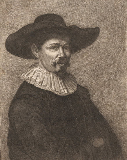 Portrait of Herman Doomer, print, printmaker, after print by, Nicolas-Gabriel Dupuis, paper, etching, intaglio printmaking technique, height 226 mm x width 180 mm, Person, Herman Doomer, historical persons, portrait, self-portrait of artist, A monochrome etched portrait of a man wearing a wide-brimmed hat and a ruffled collar, shown from the chest up in three-quarter view, with a mustache and small pointed beard, textured clothing, crossed arms, and a densely cross-hatched background.