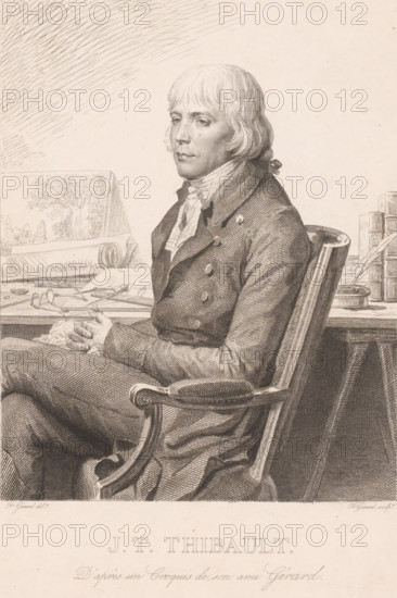 Portrait of Jean-Thomas Thibault, print, printmaker: Alexis François Girard, after drawing by François Gérard, c. 1823, paper, etching, engraving, height 353 mm x width 265 mm, Person, Jean-Thomas Thibault, historical persons, portrait, self-portrait of artist, A seated man shown in profile wearing a double-breasted coat with a high collar and a cravat, his light-colored hair cut to about ear length with short bangs, hands clasped and resting on his lap, and his legs crossed; he sits in an armchair with a carved wooden armrest. Behind him is a desk holding rolled papers, drawing instruments, a pair of spectacles, stacked books, and an inkwell with a quill. A framed drawing or print leans against the wall on the desk. The image is rendered as a detailed monochrome engraving with fine line work and crosshatching.
