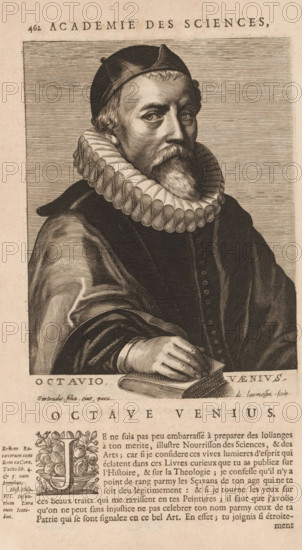 Portrait of Otto van Veen, Octavio Vaenius, print, book illustration, printmaker: Nicolas de Larmessin (I), after painting by Gertruida van Veen, publisher: François Foppens, Brussels, 1682, paper, engraving, letterpress printing, text in letterpress, height 187 mm x width 140 mm, Print used for: Bullart, Isaac. Académie des Sciences et Arts contenant les vie et éloges his. the people's illustrations show their excellence and their professions in their environment throughout their lives. Brussels: François Foppens, 1682. The book was also published in Amsterdam in 1682 by the heirs of Daniel Elzevier. Each portrait is an illustration accompanying the biography of an artist or scholar. Most of the portraits were produced by Nicolas de Larmessin (162), 93 by De Boulonois and a third by unidentified printmakers. This concerns an illustration on p. 462, part II., Person, Otto van Veen, historical persons, portrait, self-portrait of artist, A sepia-toned engraved portrait shows a middle-age...