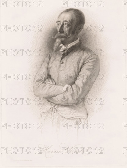 Portrait of Horace Vernet, print, printmaker: Léopold Massard, printer (person): Chardon ainé, F., Paris, 1832 - 1889, printer (person), paper, etching, engraving, height 295 mm x width 219 mm, Person, Horace Vernet, historical persons, portrait, self-portrait of artist, A sepia-toned pencil portrait of a man shown from the waist up with his arms crossed, facing slightly to the viewer's left; he has a receding hairline, a curled mustache, and a pointed goatee, and he wears a collared shirt with a tied neckerchief and a buttoned jacket, with textured shading around his head and clothing and light sketching suggesting trousers below.