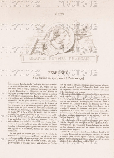 Perronet, Portrait of Jean-Rodolphe Perronet, Galerie métallique des grands hommes français, Gallery of medals with French greats, print, printmaker: Louis Marie Normand, Paris, in or after 1826, paper, etching, letterpress printing, etching with text in letterpress, height 103 mm x width 167 mm, height 355 mm x width 265 mm, Person, Jean-Rodolphe Perronet, historical persons, portrait, self-portrait of architect, A sepia-toned printed page featuring a detailed central vignette above a block of text. The vignette shows an engraved medallion with a profile bust of a man surrounded by a circular frame, flanked by architectural and engineering objects including a column, scrolls, a book, a triangular drafting instrument, a torch or lamp, a plinth with a helmeted bust, and a laurel branch; rays and a small cluster of stars appear above the medallion. Below the vignette is a decorative rectangular cartouche containing large capital lettering. The remainder of the page is filled with dense p...
