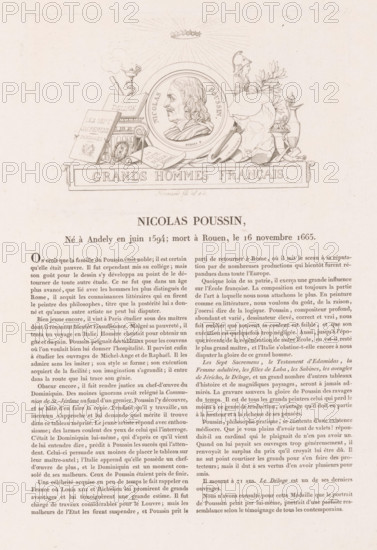 Portrait of Nicolas Poussin, Nicolas Poussin, Gallery of medals with French greats, Galerie métallique des grands hommes français, print, printmaker: Louis Marie Normand, Paris, in or after 1817, paper, etching, letterpress printing, etching with text in letterpress, height 103 mm x width 167 mm, height 347 mm x width 263 mm, Person, historical persons, portrait, self-portrait of painter, A printed page showing an ornamental header with a central circular portrait medallion flanked by decorative objects including books, a laurel wreath, sculptural fragments, an artist's palette and brushes, a classical helmet and a decorative vase, all arranged atop a rectangular plaque with raised lettering, and below this header a block of printed paragraphs in a serif typeface occupying the lower portion of the page.