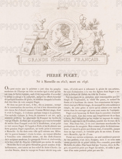 Pierre Puget, Portrait of Pierre Paul Puget, Galerie métallique des grands hommes français, Gallery of medals with French greats, print, printmaker: Louis Marie Normand, Paris, after design by Jacques Edouard Gatteaux, in or after 1817, paper, etching, letterpress printing, etching with text in letterpress, height 104 mm x width 168 mm, height 356 mm x width 257 mm, Person, Pierre Paul Puget, historical persons, portrait, self-portrait of painter, self-portrait of sculptor, self-portrait of architect, The image shows a printed page with a decorative header featuring a circular portrait medallion of a man in profile surrounded by ornamental elements including a column fragment, books, sculptural tools, a classical helmeted figure, a draped torso, a laurel branch, and various vases and decorative objects, all arranged above a rectangular cartouche; below the illustration is a bold name heading and multiple columns of body text in a serif typeface.