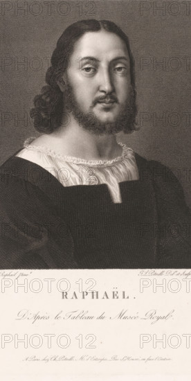 Portrait of Raphael, print, printmaker: Jean Louis Potrelle, after painting by Rafaël, publisher: Charles Potrelle, Paris, 1798 - 1898, Raphael, paper, engraving, etching, height 345 mm x width 257 mm, Person, historical persons, portrait, self-portrait of painter, A monochrome engraved portrait of a man shown from the chest up facing slightly to the viewer's left, with shoulder-length wavy hair and a trimmed beard and mustache, wearing a dark robe over a light, ruffled collar garment; his expression is neutral and his gaze is directed toward the viewer, and the background is a fine textured pattern with a blank lighter area below the portrait.