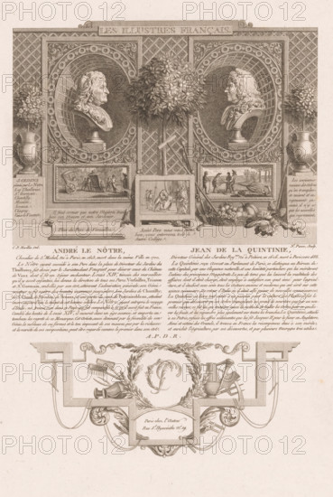 Allegorical portraits of André Le Nôtre and Jean-Baptiste de la Quintinie, Portraits of French historical figures, Les illustres français, ou tableaux historiques des grands hommes de la France, print, Series number, 29, 56, printmaker: Nicolas Ponce, after drawing by Clément Pierre Marillier, Paris, grantor of privilege: French crown, France, 1790 - 1816, paper, etching, engraving, height 333 mm x width 228 mm, Person, Jean-Baptiste de la Quintinie, André Le Nôtre, historical persons, portrait, self-portrait or graphic artist, The image shows an ornate engraved plate with a symmetrical design featuring two oval framed bust portraits facing each other, each set within decorative circular borders and lattice backgrounds, with a leafy flowering tree centered between them; beneath the busts are framed vignette scenes and a central small framed scene on an easel, flanked by artist tools and a basket of fruit and flowers; large decorative urns with floral arrangements stand at the outer edg...