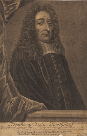 Portrait of Joachim Justus Breithaupt, print, printmaker: Christian Albrecht Wortmann, Germany, after painting by Johann Anton Rüdiger, 1690 - 1760, unknown, grantor of privilege, paper, engraving, etching, height 312 mm x width 207 mm, Person, Joachim Justus Breithaupt, historical persons, A sepia-toned engraved portrait of a man shown from the chest upward, facing slightly to the viewer's left, with a solemn expression and long, tightly curled hair that frames his face and shoulders. He wears a dark, buttoned garment with a high, broad collar and a draped cloak over one shoulder. A heavy, folded curtain appears at the left edge of the image, and a horizontal ledge runs across the lower part of the composition. The background is a uniform textured field.