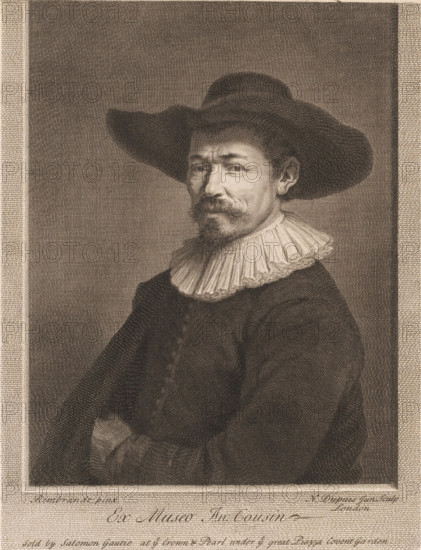 Ex Museo An: Cousin, Portrait of Herman Doomer, print, printmaker: Nicolas-Gabriel Dupuis, London, after painting by Rembrandt van Rijn, publisher: Salomon Gautie, c. 1713 - c. 1718, paper, etching, engraving, height 273 mm x width 210 mm, Person, Herman Doomer, historical persons, portrait, self-portrait of artist, A monochrome engraved portrait of a man shown from the chest upward, wearing a wide-brimmed hat and a pleated ruff collar, with a mustache and goatee and a contemplative expression, his arms folded across his chest and his body turned slightly to one side against a textured background framed by a decorative border.