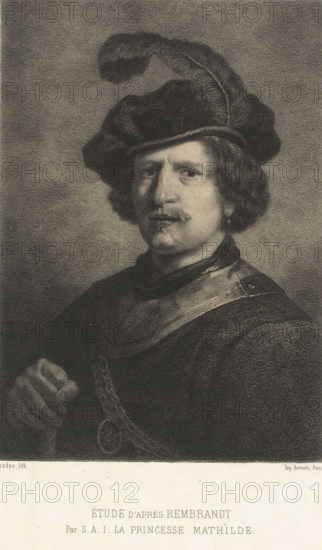 Étude d'après Rembrandt by SAI la princesse Mathilde, Portrait of a man with a beret, print, printmaker: Eugène Louis Pirodon, after painting by Rembrandt van Rijn, after design by Mathilde Laetitia Wilhelmine Bonaparte, printer (person): Victor Jacques Bertauts, Paris, 1859, Eugène Louis Pirodon, Rembrandt van Rijn, Mathilde Laetitia Wilhelmine Bonaparte, Victor Jacques Bertauts, printmaker, after painting by, after design by, printer (person), paper, chine collé, lithography, height 327 mm x width 245 mm, Print used in: L'Artiste, vol. 8. Print exhibited at the Salon of 1859 in Paris., historical persons, A monochrome portrait of a man shown from the chest up wearing a soft, wide-brimmed hat with a large curved feather, curly hair visible beneath the hat, a mustache and a small goatee, and a single earring in one ear; he is dressed in a dark textured garment with a smooth collar piece and a chain draped across his chest, one hand partially visible holding the chain, and a softly shad...