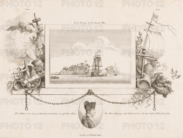 Porto Ferrajo on the island of Elba, Battle of Porto Ferrajo in a frame between an allegory of seafaring, center below the portrait of Napoleon Bonaparte, print, To the left of the frame an allegory of the past (sonst) of seafaring, to the right an allegory of the present (Ietzt). With caption in German., printmaker: Christoph Jakob Wilhelm Karl Joachim Haller von Hallerstein, publisher: Friedrich Campe, Nuremberg, 1801 - 1821, Bavaria, paper, etching, height 201 mm x width 280 mm, Person, Napoleon I (Emperor of the French), historical persons, island, navy, siege, ornament, medallion, Tuscany, Livorno, Elba, A rectangular framed etching of a coastal town with fortifications and clustered buildings sits at the top center, showing a tall sailing ship near the shore and smaller boats on the water beneath a sky filled with lined shading and billowing clouds; ornate decorative clusters flank the central image, with the left side featuring maritime objects such as cannons, anchors, ropes, a...