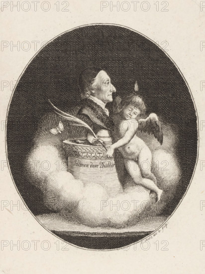 Bust of Johann Kaspar Lavater with a putto, print, printmaker: Jacob Merz, 1801 - 1807, paper, etching, height 122 mm x width 92 mm, Person, Johann Caspar Lavater, cupids: 'amores', 'amoretti', 'putti', insects: butterfly, portrait of a writer, chest, bust, divination, smoke, An oval engraving shows an older man in profile wearing a cap and a fur-collared garment, positioned behind a cylindrical pedestal partly surrounded by clouds; a winged cherub with closed eyes leans against the pedestal, one arm resting on it and the other hanging down, a small flame-shaped object hovers above the cherub's head, a quill and inkwell sit on the pedestal, a small butterfly rests on a cloud near the pedestal, and the scene is rendered in fine etched lines within a dark textured background.